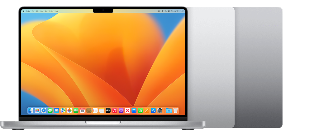Interactive diagram of a MacBook Pro 14-inch showing the eight components covered under the LuxuriousComputers one-year warranty: camera, display, speakers, top case (keyboard and trackpad), ports, battery, logic board, and SSD.